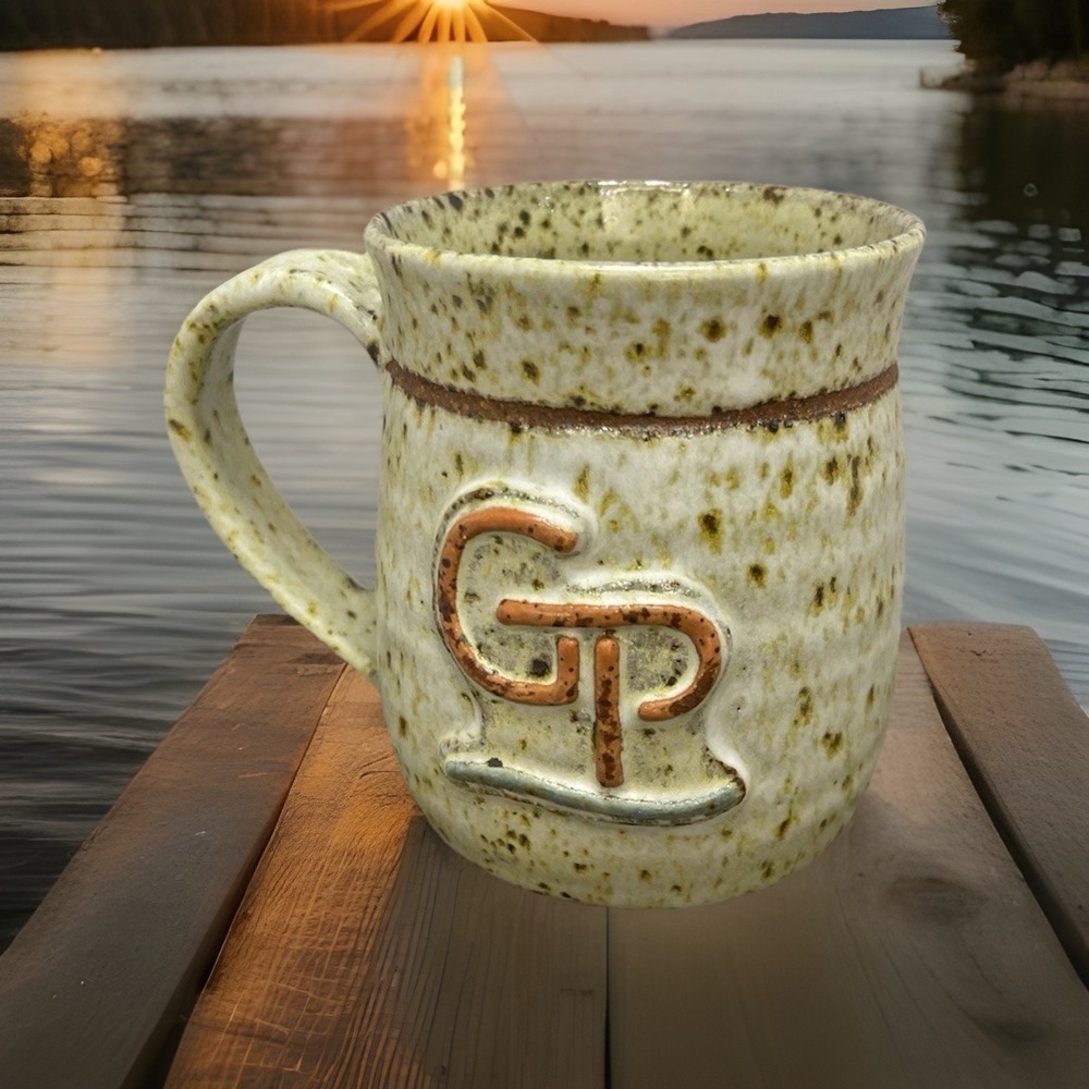 Rustic Initials GP Vintage Stoneware Ceramic Coffee Mug Speckled Oatmeal Glaze - Picture 2 of 8